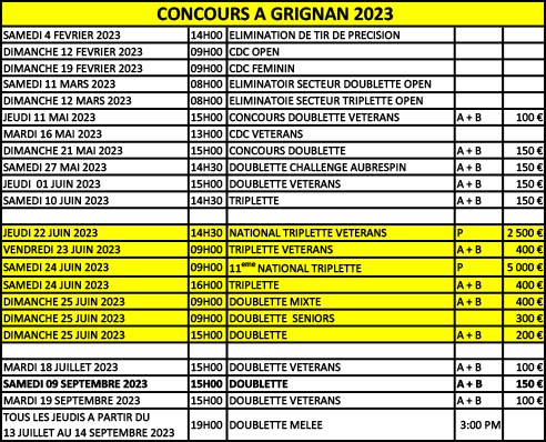 Calendrier 2023 Concours à la Pétanque Grignanaise
